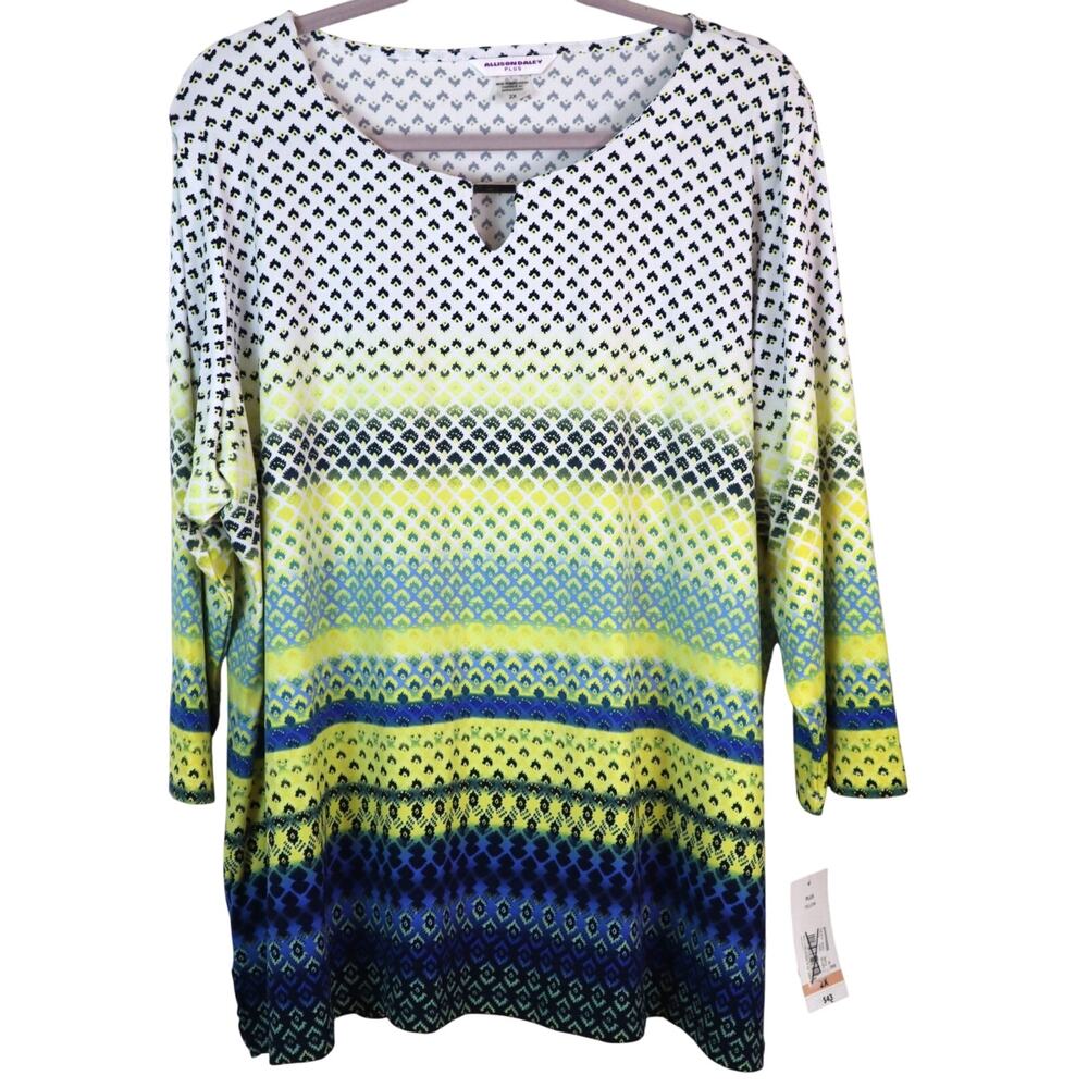 NWT Allison Daley Geometric Top Blouse 3/4 Sleeve Blue Yellow Plus 2X Keyhole